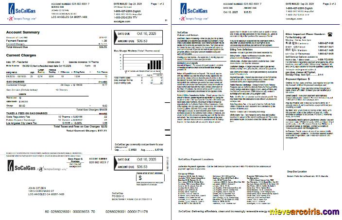 USA So Cal Gas utility bill, 2 pages, version 2